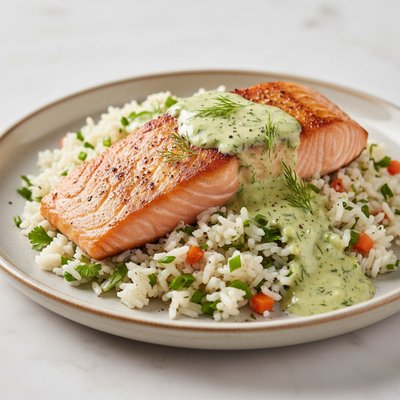 Salmon & Rice Recipe With Dill Sauce - Dinner Bestie